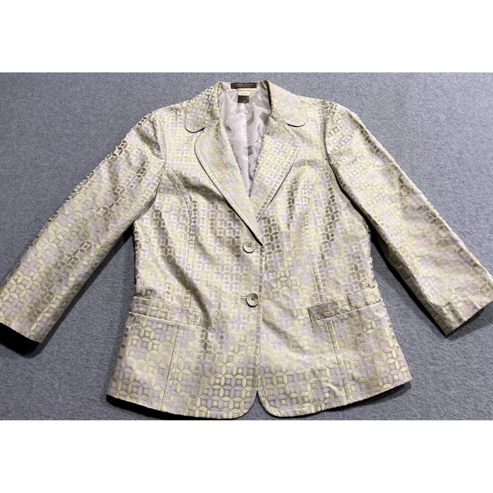Sigrid Olsen Silk Blend Jacquard Geometric Suit Champagne Shiny Blazer 6 Pants 4 - Picture 3 of 16